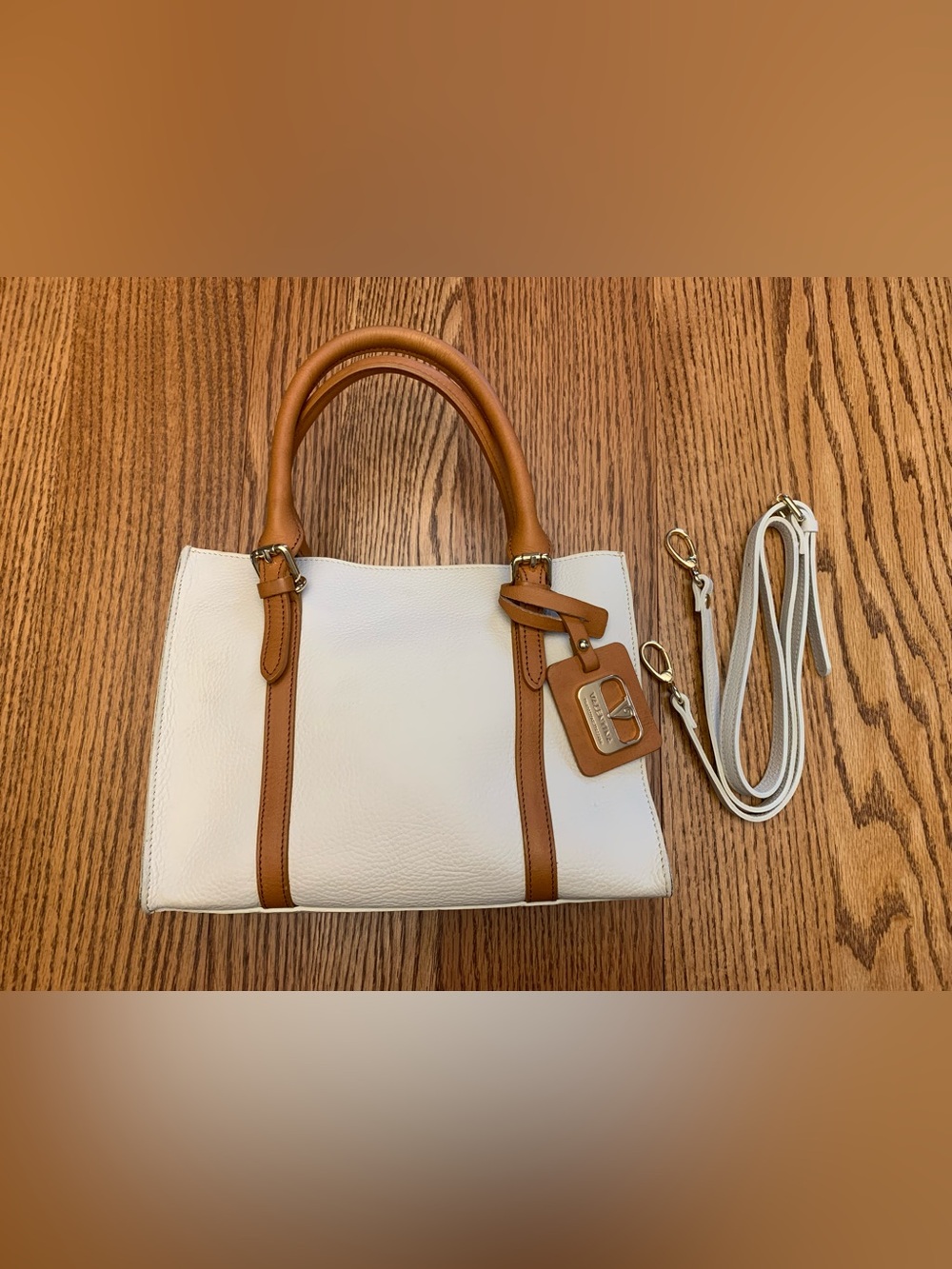 Valentina Ivory and Tan Leather Mini Tote Handbag with Detachable CrossbodyStrap